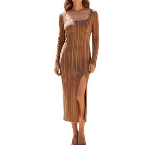 LPA Boone Midi Knit Dress Leg Slit Bronze Glitter Form Fitting Body con Size M